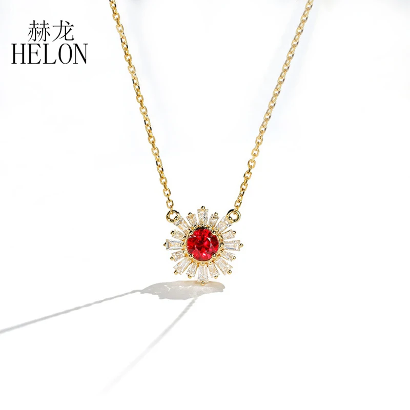 

HELON Real 18K Yellow Gold Round Gemstone Ruby/Sapphire/Emerald/Pink Sapphire Diamonds Necklace Pendant Women Best Birthday Gift