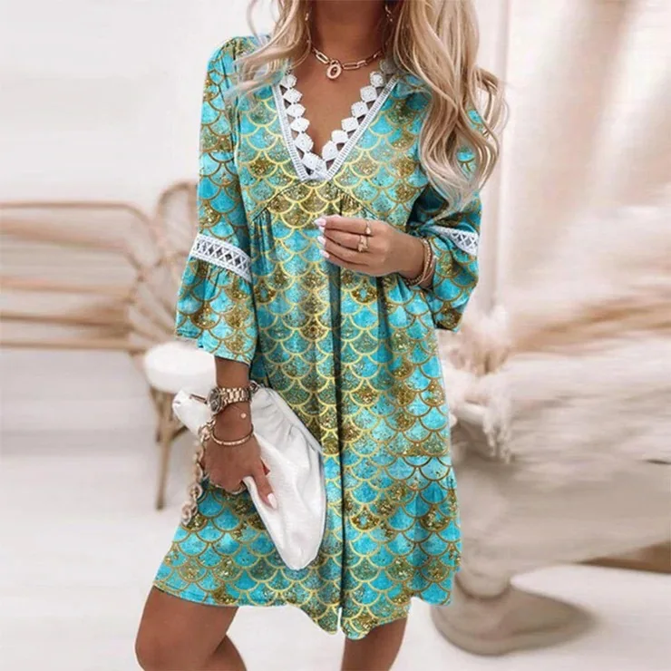 Women's V-Neck Printed Lace Patchwork Loose Comfortable Bohemian Dresses