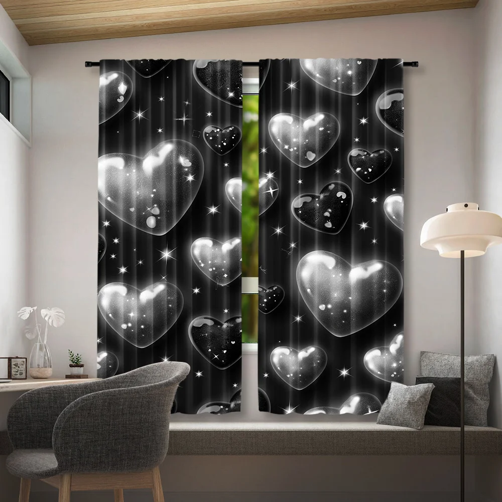 Glossy Transparent Heart Curtain 2 Panels, Glitter Star Bubble Heart Allover Black Tone Print,Curtains Balcony Valentine Curtain