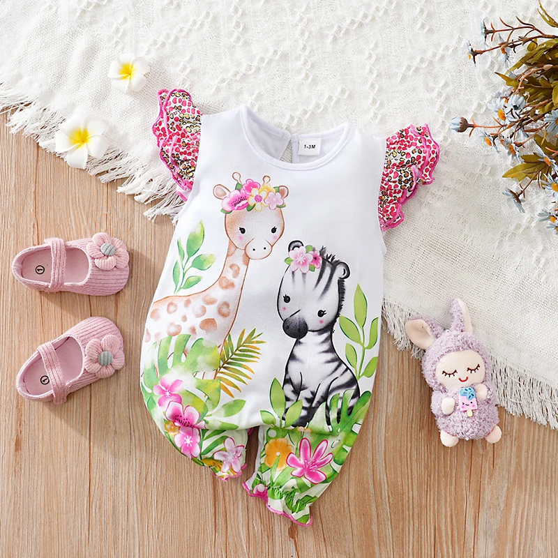 Newborn Clothes Cute Cartoon Spotted Deer Print Comfortable Soft Girl Summer Flying Sleeve Baby Jumpsuit