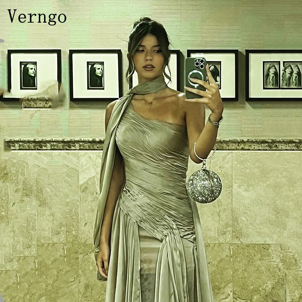

Verngo Gray Evening Dress Elegant One Shoulder A Line Maxi Prom Dress Flowing Hand-pleated Silk Prom Party Dress Customized