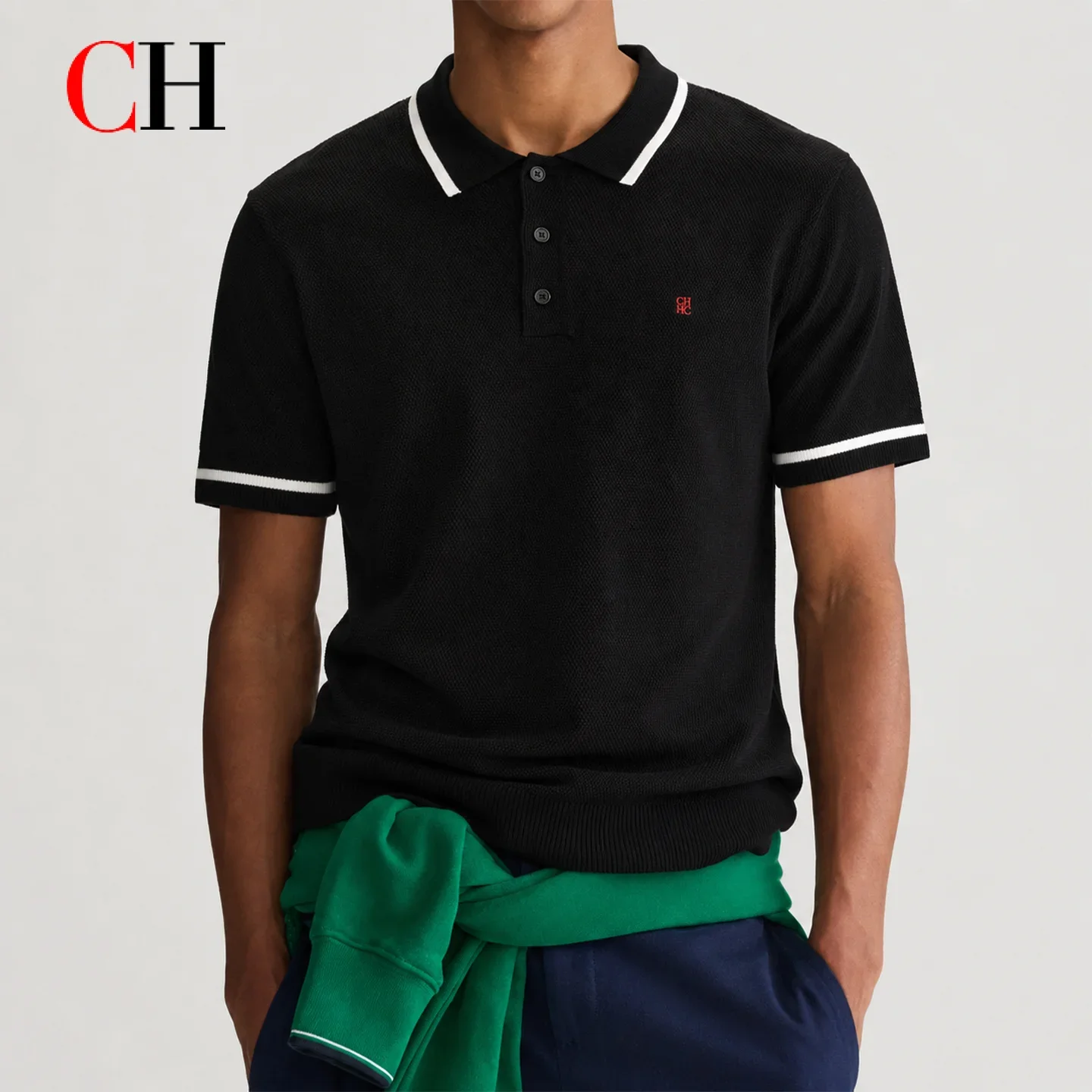 CH Mens Standard Polo Neck Small Chest Emblem Embroidery Striped Cuff Mesh Knit Short Sleeve Polo All Match Daily Men Top
