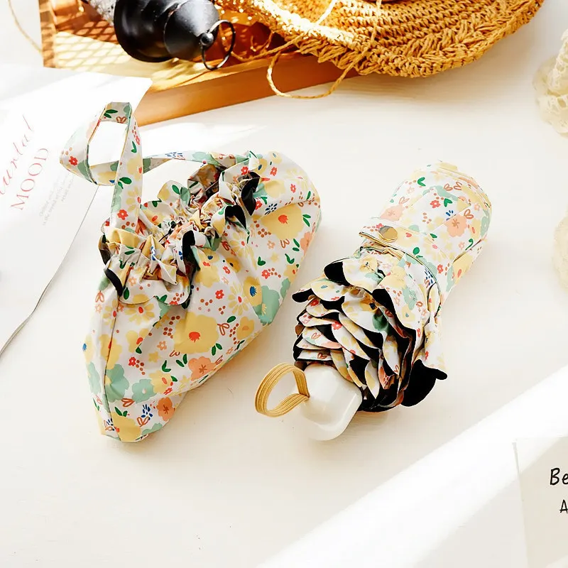 

Зонт от солнца с цветочным принтом - сверхлегкий компактный зонт от солнца 5F с черным покрытием для женщин, портативный солнцезащитный козырек с двойной защитой от ультрафиолета