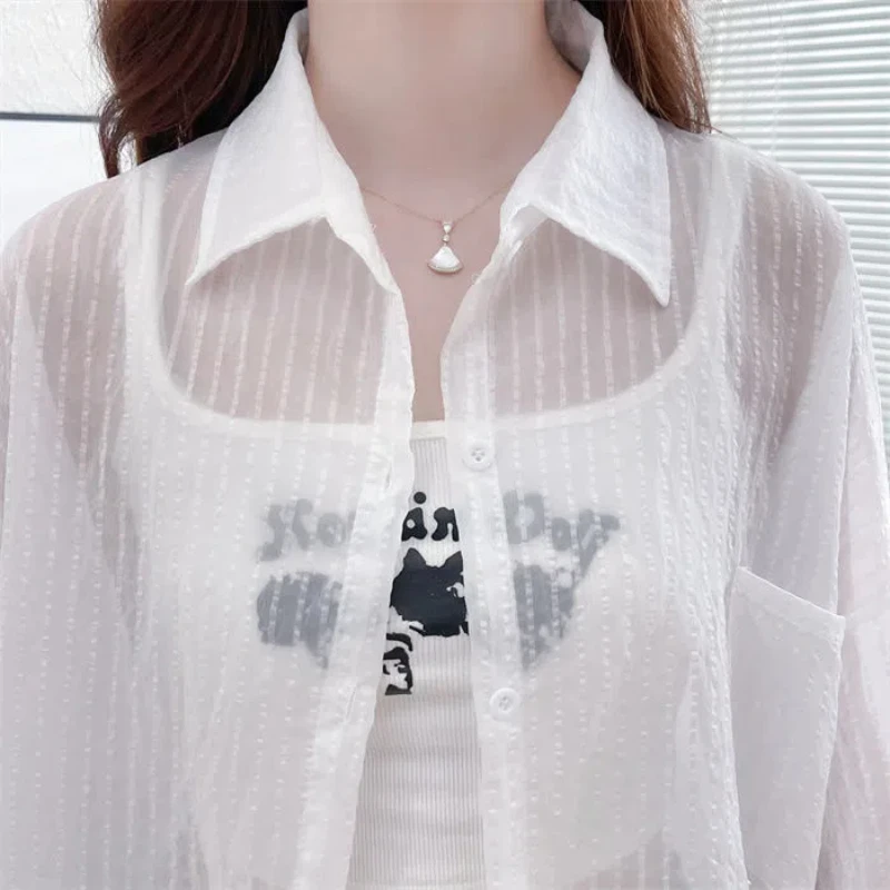 2024 Summer Women\'s New Splicing Polo Collar Button Pocket Fashion Solid Color Minimalist Casual Long Sleeve Blouses Shirts