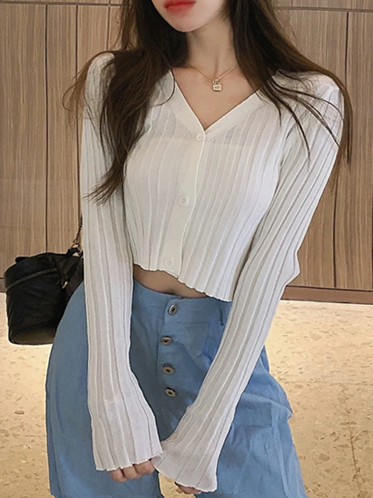 2026 Cardigan da donna in acrilico a maniche lunghe con scollo a V abbottonato slim corto in maglia a costine sottile tinta unita elasticizzato Crop Top Maglieria
