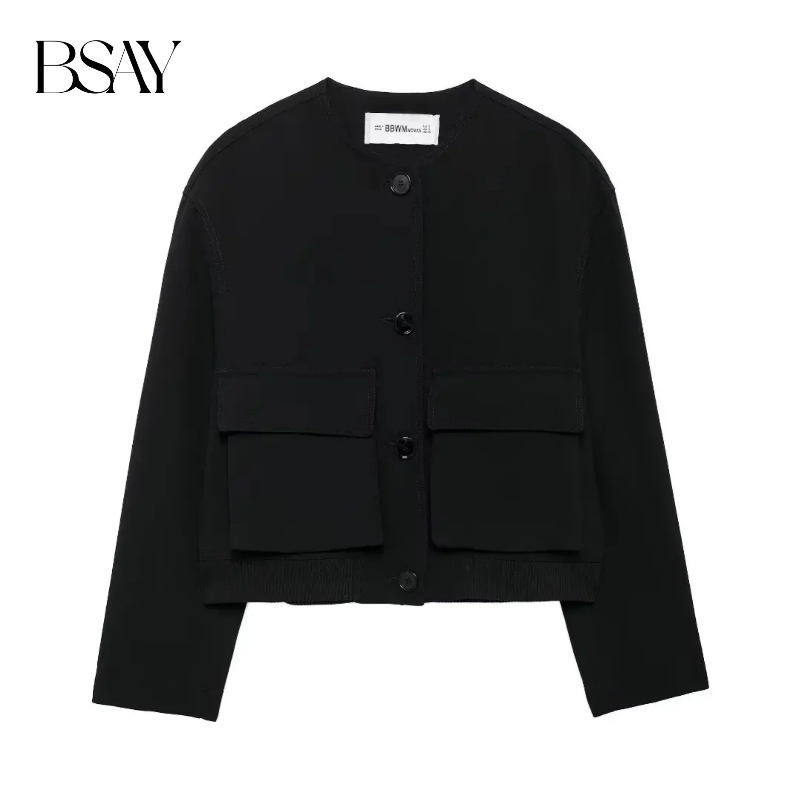 

BSAY Women Fashion Autumn Flip Pocket Solid Pilot Jacket Long-sleeved Single Breasted Round Neck Short Coats Chic Female Tops