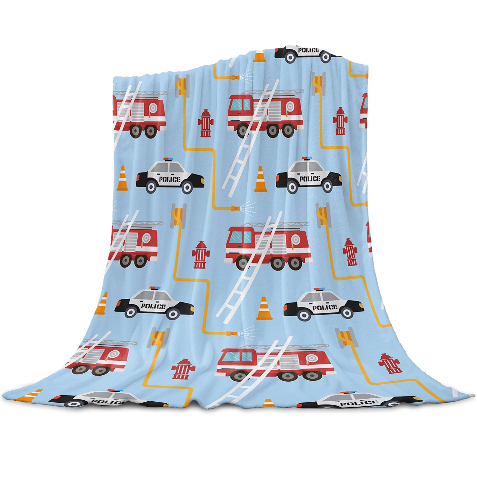 Toy Police Car Fire Truck Vehicle Cartoon Printed Throw Blanket Flannel Fleece Blankets for Sofa Couch Bed Bedroom Bedspread