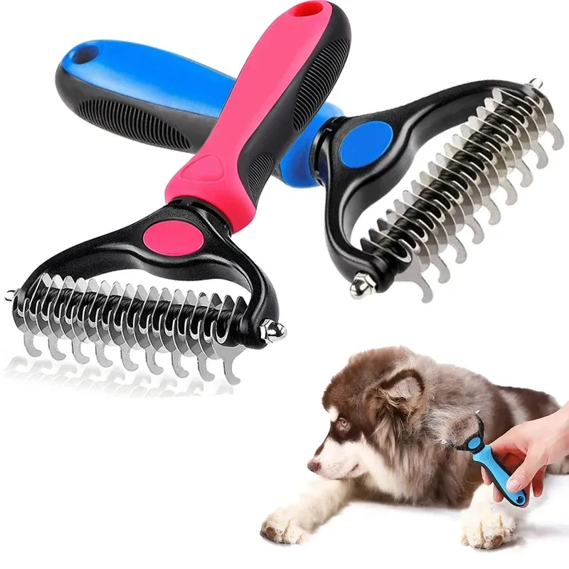 Pet Deshedding Brush Fur Knot Cutter Dog Hair Remover Comb Cat Grooming Shedding Tools Double Sided Brush Curly Hair Cleaner
