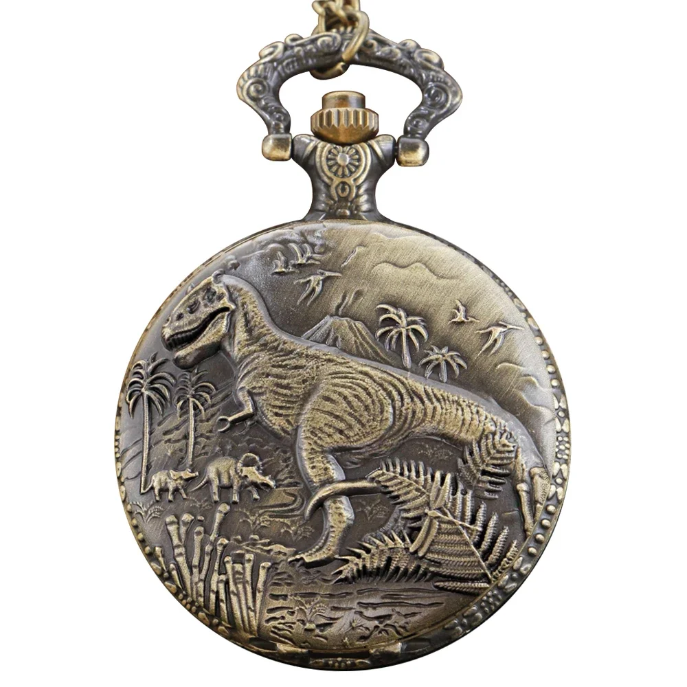 Classic Dinosaur World Tyrannosaurus Time Gemstone Quartz Pocket Watch Necklace Pendant Men's and Women's Clock Gift
