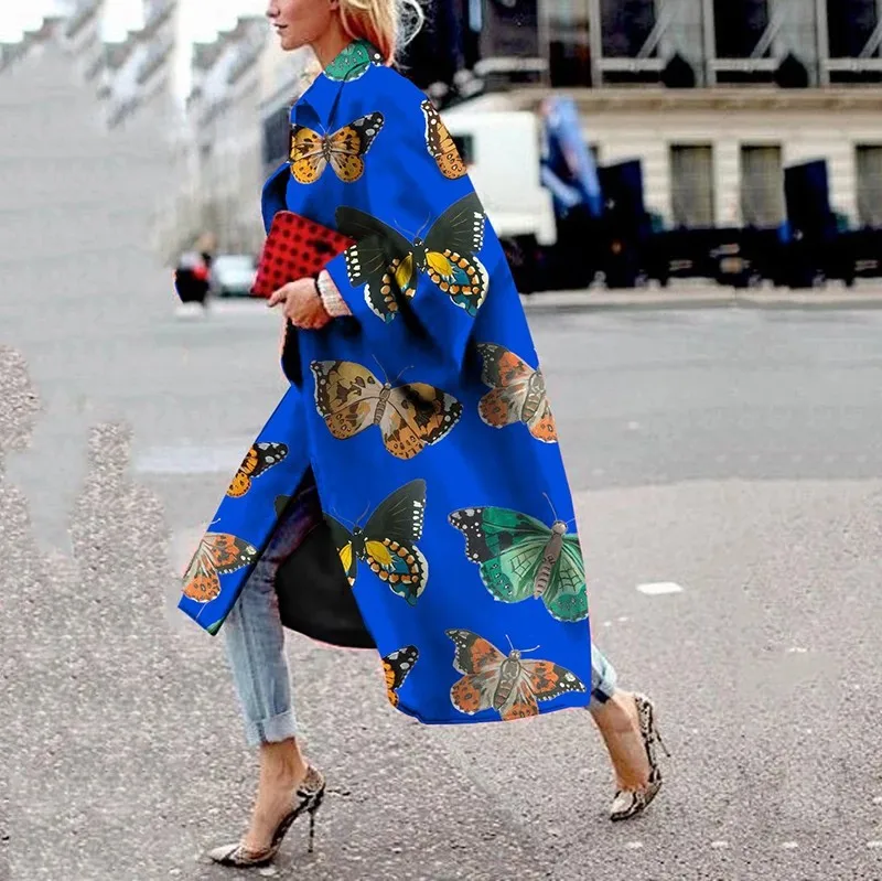 

Autumn Winter New Product Long Horn Sleeve Coat Printed Loose Wind Coat for Women