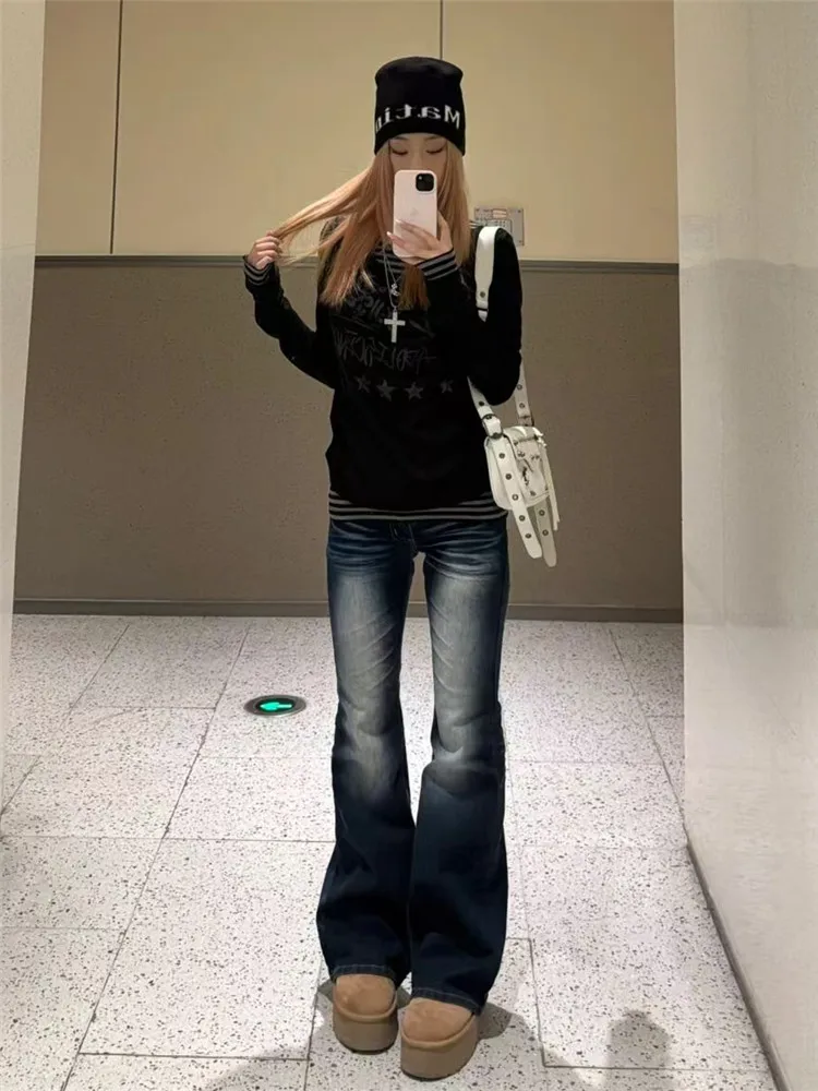 

American Retro Washed Low Waist Bell Bottom Jeans Women's Spring Slimming Long Floor Length Pants Deep Color Zipper Closure