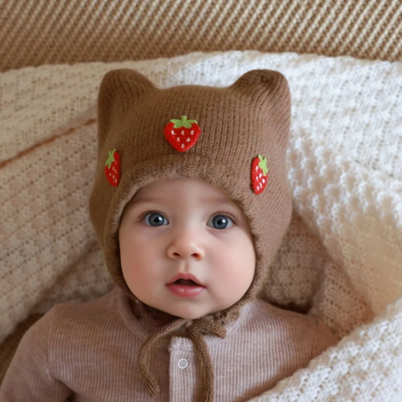 Cute Strawberry Winter Baby Knit Hat Solid Color Warm Ear Protection Cap for Infant Bonnet Toddler Kids Boy Girl Beanie Caps