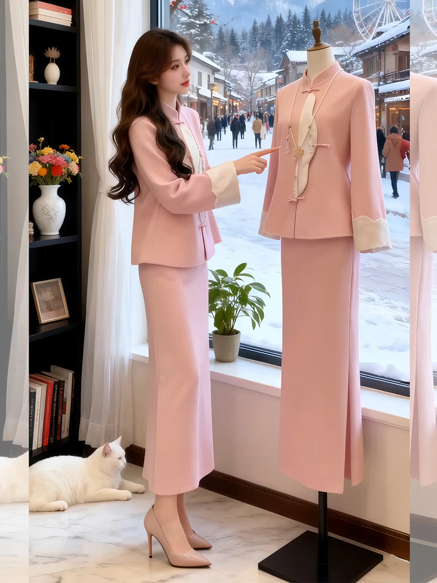 

Elegant Pink Fashion Set for Women Spring New Chinese Style High Waist Midi Skirt And Top Two-Piece Suit Business Casual Wear