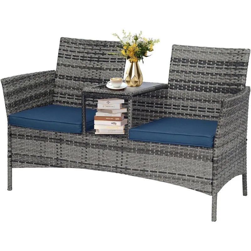 

Outdoor Loveseat,Outdoor Furniture Patio Loveseat Wicker 2-Seat with Built-in Table and Cushions Bench for Balcony