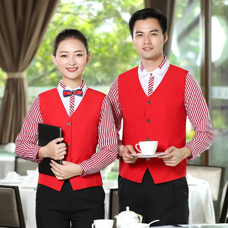 Wholesale Supply Hotel Waiter Long Sleeve Bar Cafe KTV Work Clothes Fake Two Pieces Vest Shirt Men and Women