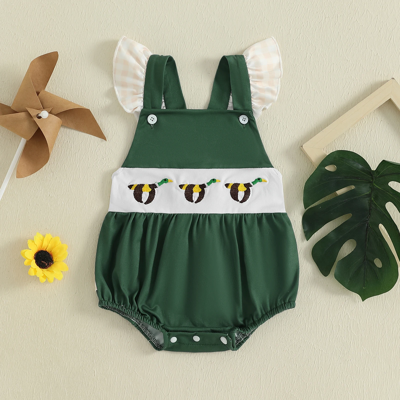 

VISgogo Baby Summer Romper Duck Embroidery Flying Sleeve Square Neck Jumpsuit Infant Bodysuit Streetwear