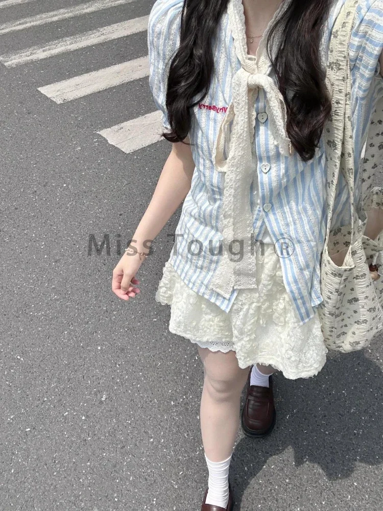 Sweet Girl Lace Bow Shirt 2 Piece Suit Women Y2k Patchwork Summer Elegant Skirt Sets Korean Fashion Striped Casual Set 2024 New