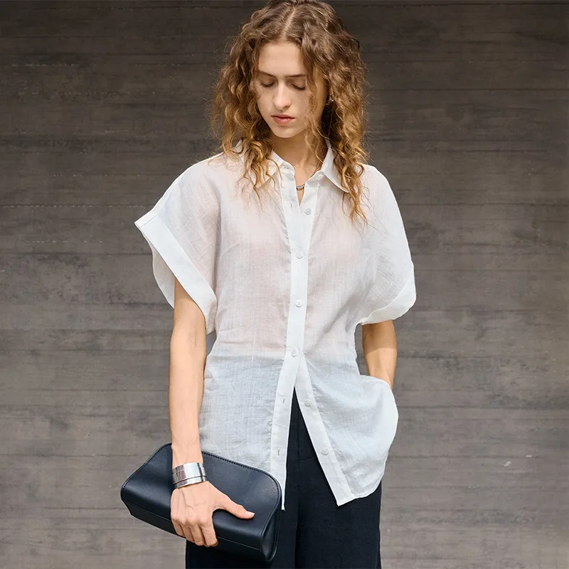 100% Ramie Shirts Turned-down Collar Short Sleeves Women's Single-breasted Lightweight  Summer Casual Simple Fashion White Tops