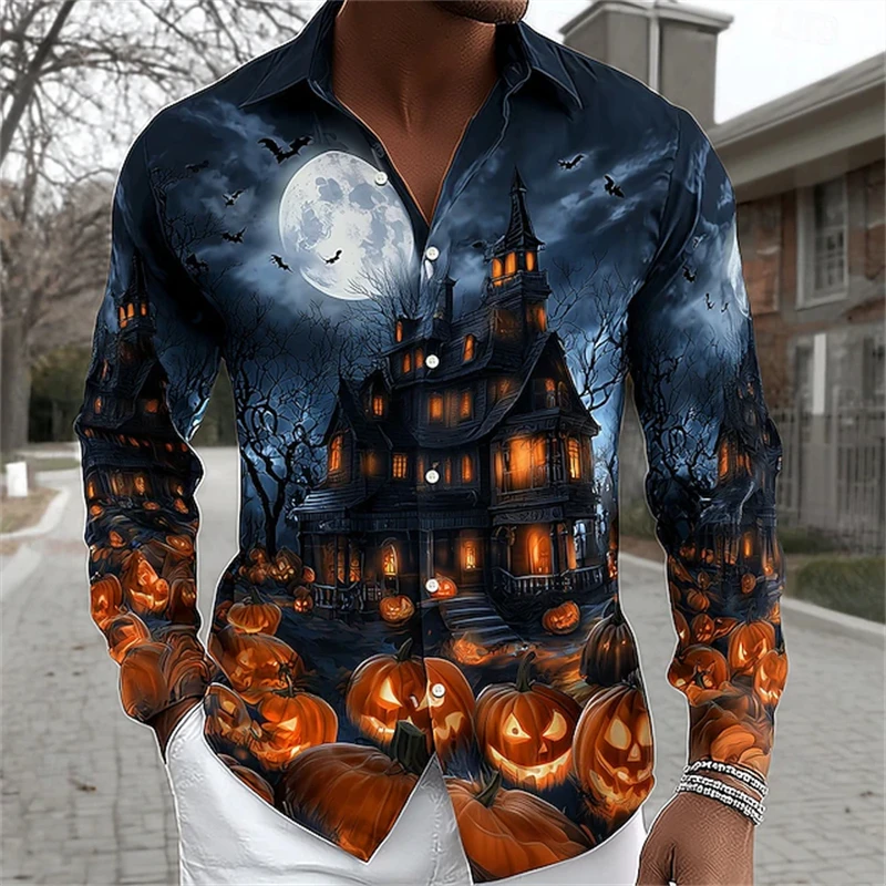 

2025 New Halloween-themed Men's Pumpkin Fortress Print Shirt Autumn and Winter Button Long-sleeved Shirt Gothic Style Top