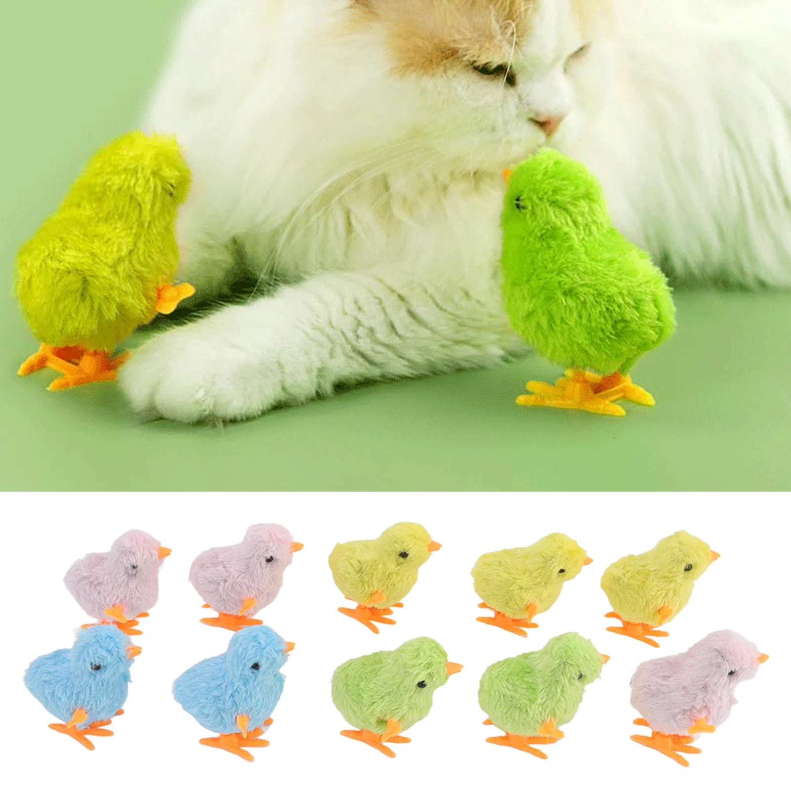 10pcs Pet Cat Toys Jumping Walking Hopping Cartoon Plush Chicken Clockwork Cat Interative Playing Toy Wind Up Chick Kitten Toys