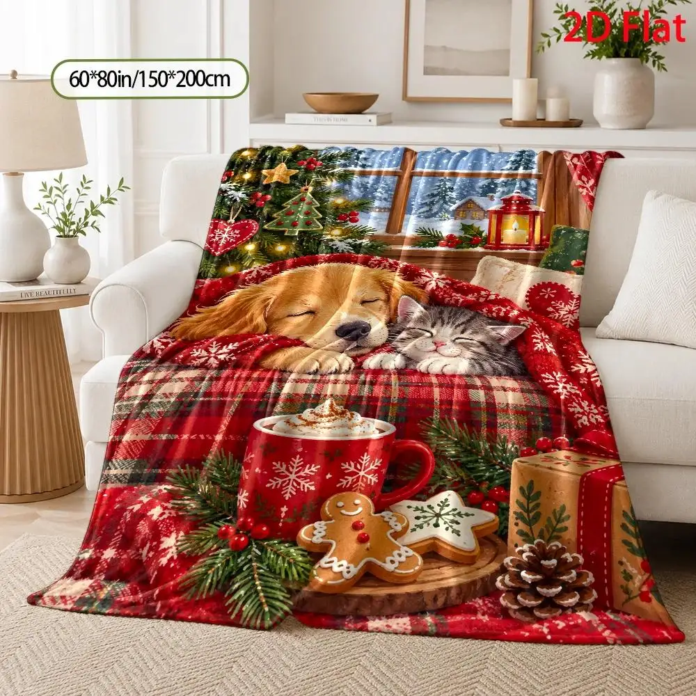 1pc 2D Flat DIY Coloring Throw Blanket, Sleeping Golden Retriever Snowflake Line Art, Watercolor Christmas Tree with Red White