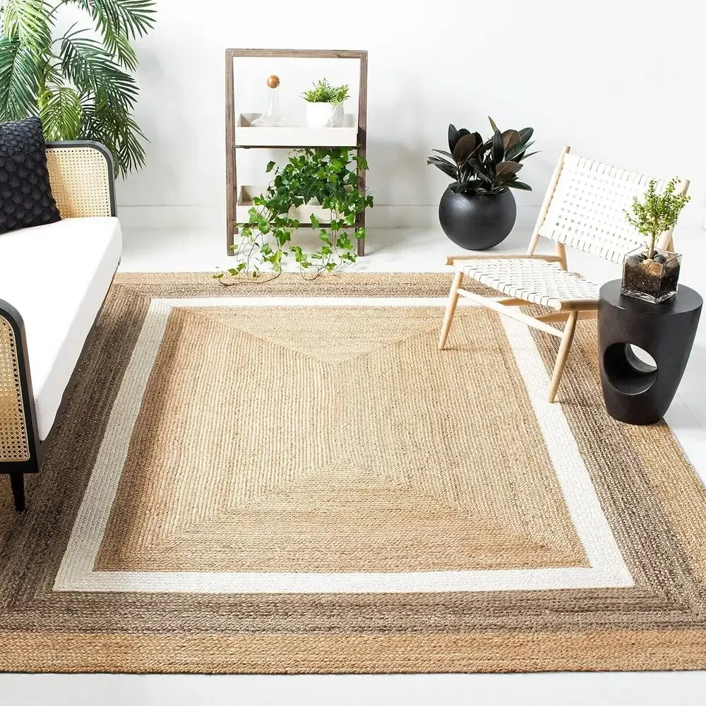 Area Rug 8x10 - Natural iber Collection - Large - Natural & Grey & Ivory, Handmade Braided Jute, armhouse Boho Rustic Style, Ide