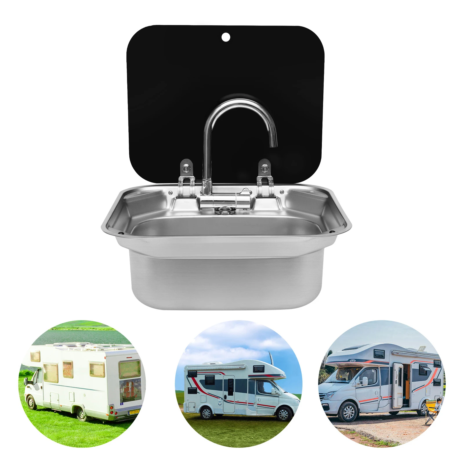 RV Kitchen Sink and Faucet Kit 304 Stainless Steel Rectangular Basin Sink with a Retractable Faucet for RV Caravan Camper Silver