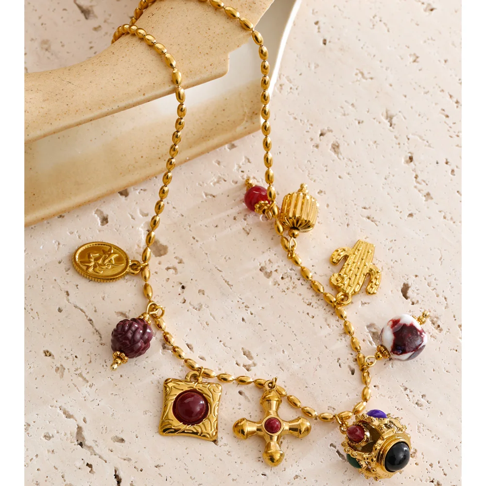 Yhpup 2025 Exquisite Ceramic Acrylic Cross Square Cactus Charm Pendant Necklace Stainless Steel Fashion Vintage Golden Jewelry