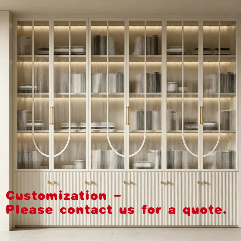 custom.BALOM Luxury Style Fluted Panel Bookcase With Tempered Glass Door LED Lighting Bedroom Storage Display Unit