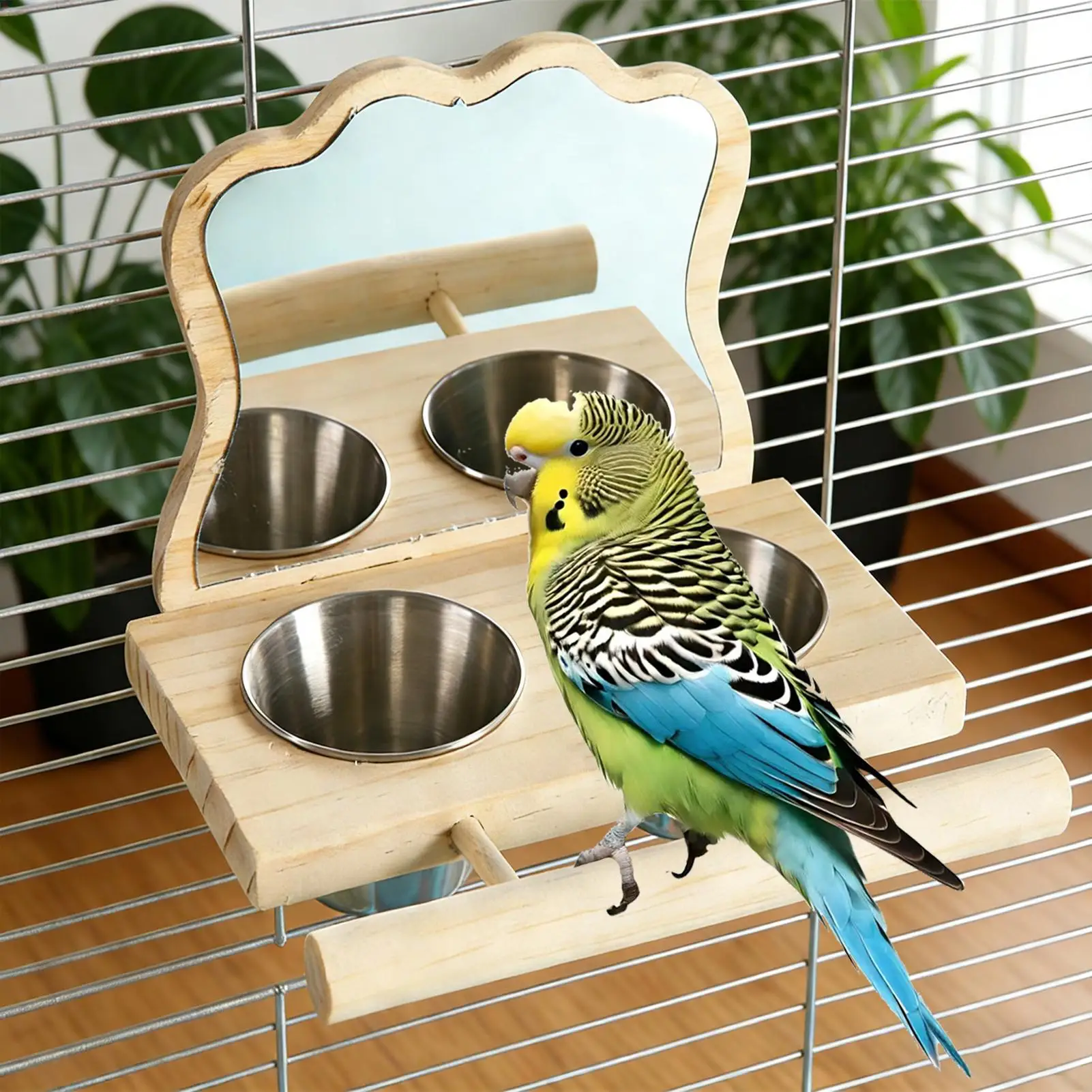 Vogelsitzstange mit Futterspender, Käfig- und Spiegel-Futterschale für Sittiche, Tränke und Futterschüsseln für Vogelspiel und Fütterung