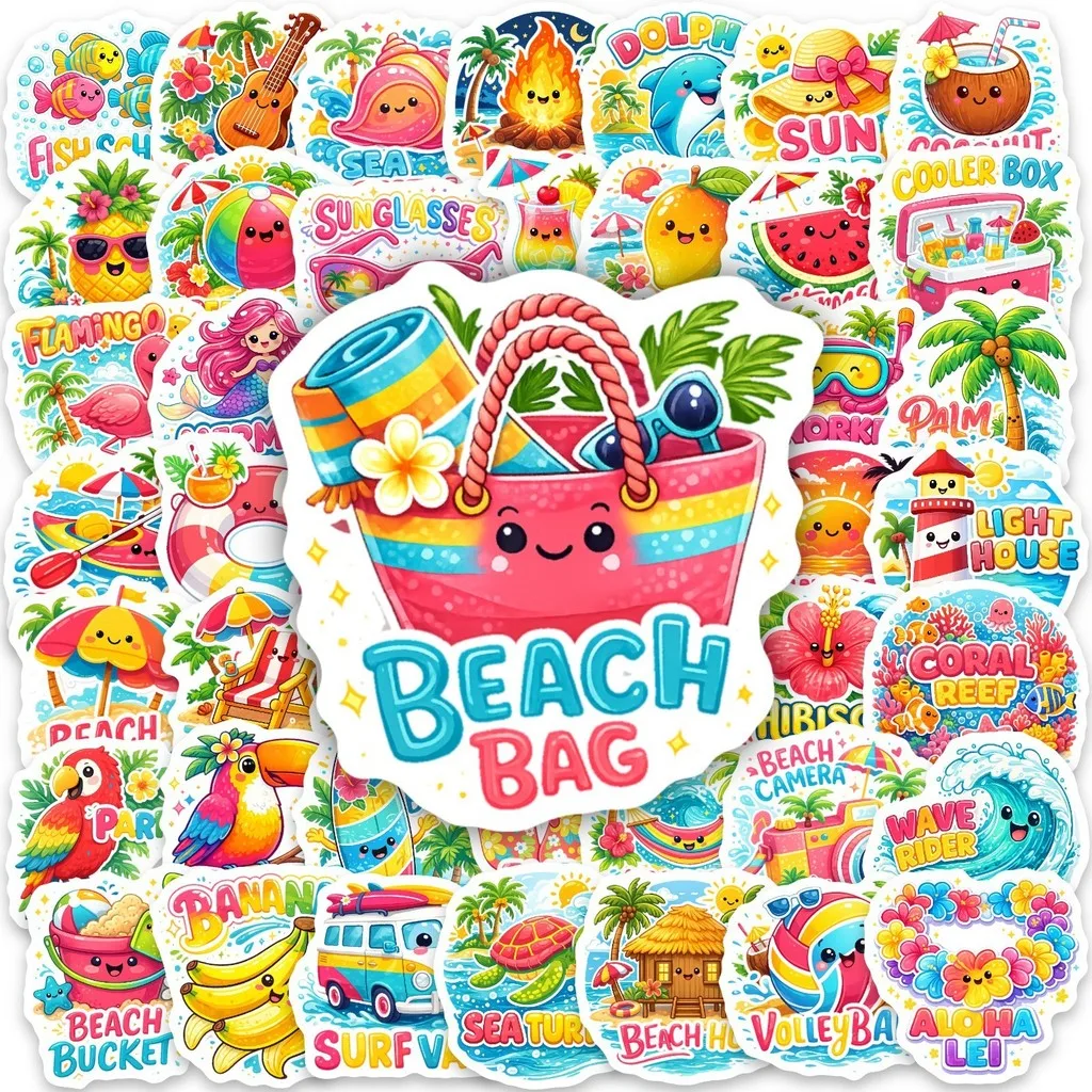 50Pcs Hawaiian Beach Themed Stickers, Coconut Tree & Ocean Wave Decals for Water Bottle, Skateboard DIY Decor AnimeWorlds Store