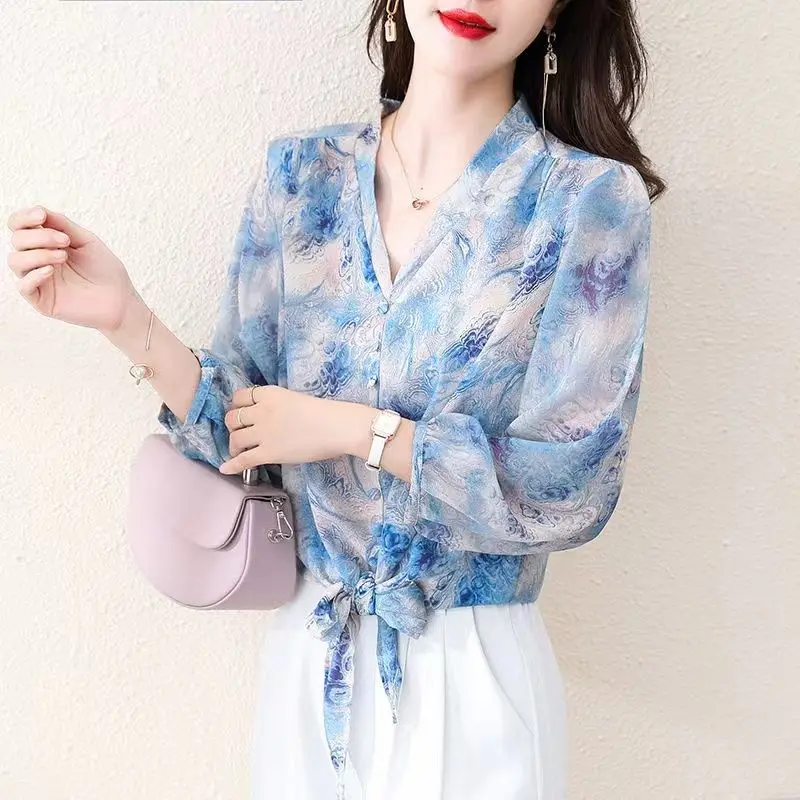 

Stylish V-Neck Button Shirt Casual Elegant Bandage Female Clothing Commute Printed 2023 Spring Long Sleeve Korean Loose Blouse