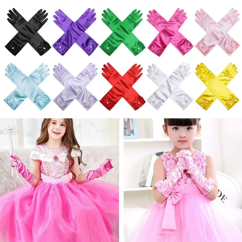 Children Long Gloves Princess Dance Performance Stage Gloves Satin Sequins Bow Glove Solid Full Finger Mittens Birthday Gifts