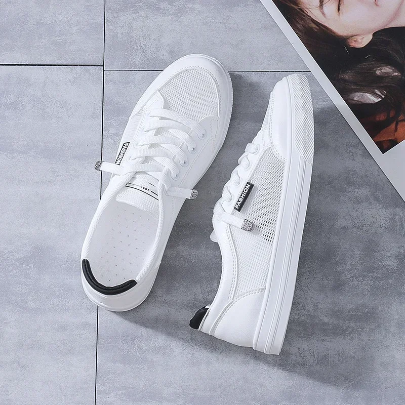 Women\'s Vulcanize Shoes Casual Sneakers Spring Summer Breathable Flats Solid Color Mesh Shoes Fashion White Shoes Flat Sneakers