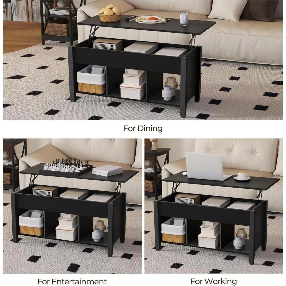 طاولة قهوة قابلة للرفع مع مساحة تخزين مخفية و3 أرفف مفتوحة، وآلية رفع مركزية، وأثاث غرفة المعيشة الحديثة