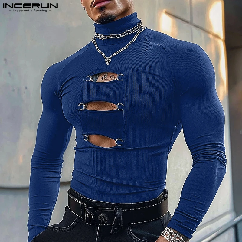 INCERUN Tops American Style Fashion Men Hollow Circular T-shirt Sexy Solid High Neck Knitted Texture Tight Long Sleeved Camiseta