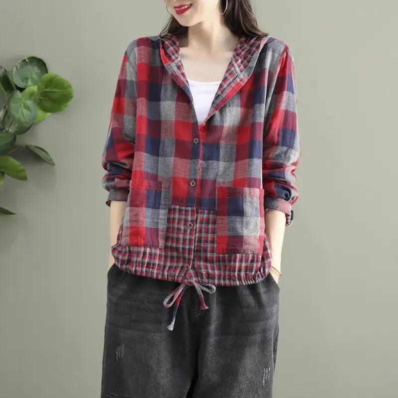 Vintage Printed Spliced Shirring Pockets Hooded Plaid Shirt Women\'s Clothing 2023 Spring Autumn New Casual Tops Korean Blouse