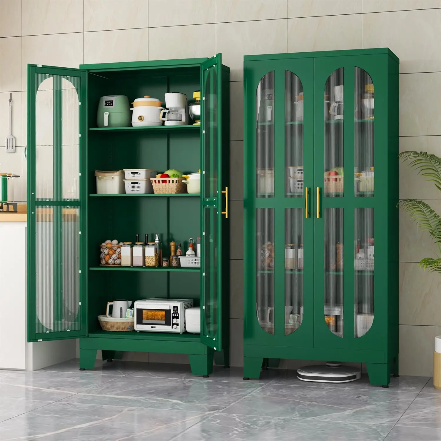 Metal Kitchen Pantry Storage Cabinet,Food Pantries Cabinets with Acrylic Glass Doors and Adjustable Shelves