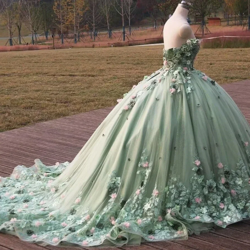 Angelsbridep Aangepaste Saliegroen Baljurk Quinnceanera Jurken 3D Handgemaakte Bloem Prom Party Dress Vestido De 15 Quinceañera