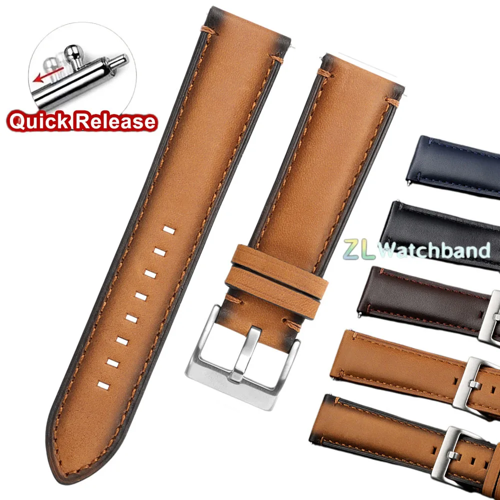 20mm 22mm 24mm Cowhide Leather Watch Strap Belt for Fossil Band for Samsung Galaxy Watch 7/6/5/4 Vintage Quick Release Bracelet