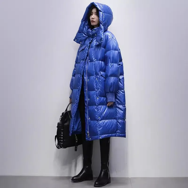 

Blue Glossy Down Jacket Women 2023 New Winter Loose 90%White duck down Coat Woman Thicken Hooded Parka Female Warm Long Overcoat