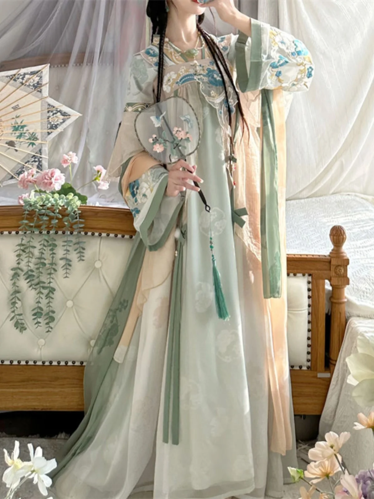 

Оригинальный женский костюм Hanfu [синий морской нефрит] танцевальный комплект с вышивкой длиной до груди, весенне-летний одинаковый наряд для друга