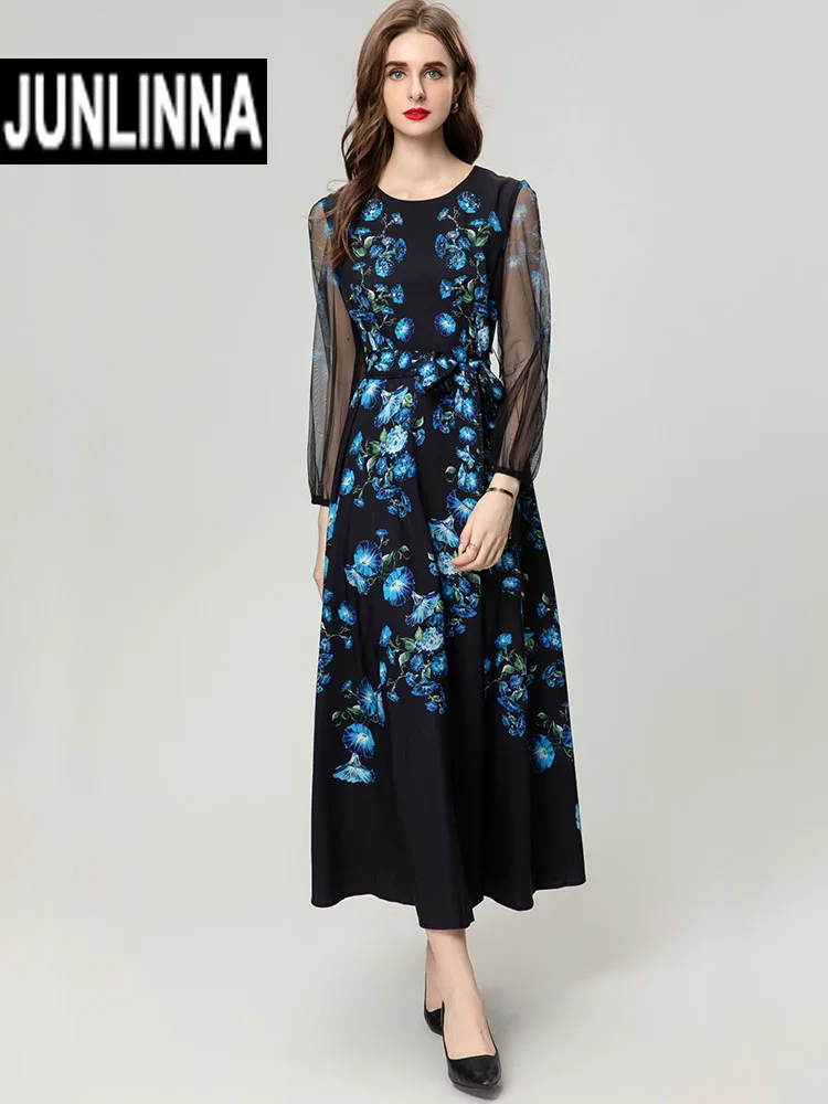 

JUNLINNA Fashion Beading Flower Printing Dress Spring Summer Women O-Neck Collar Long Sleeve Party Vacation Long Vestidos