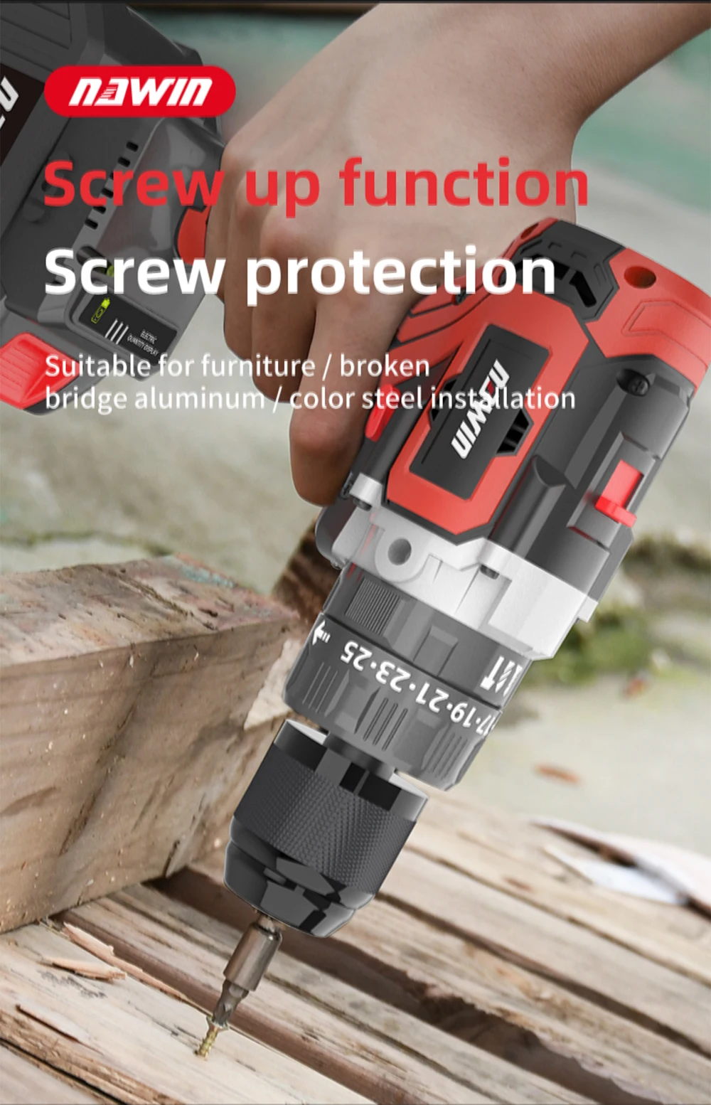 NAWIN-Industrial Grade Brushless Broca de Impacto, 125NM Cordless Drill, 1/2 \