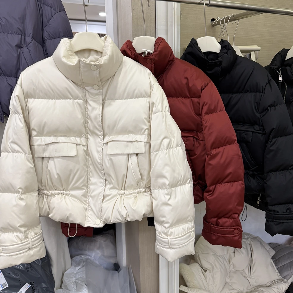 여성용 가을 겨울 두꺼운 따뜻한 흰색 오리털 숏 코트 여성 스트리트웨어 터틀넥 긴 소매 허리 조임 다운 아우터웨어