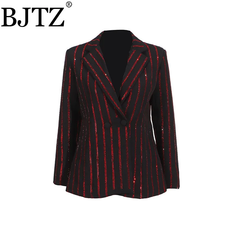 

BJTZ New Striped Fashion High-end V-neck Silhouette Long Sleeved Suit Jacket For Women 2025 Spring Autumn New Trendy Blazer
