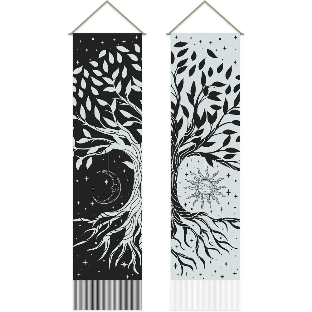 2 Pcs Tree of Life Tapestry Black and White Long Vertical Tapestry Wall Hanging Sun Moon Star Wall Tapestry Goth Mystic