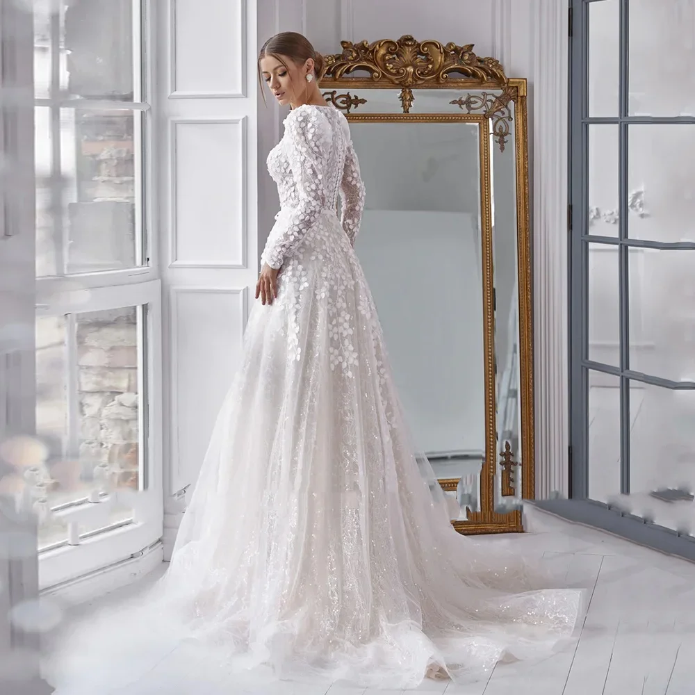 Suknia Ślubna Długa z Długim Rękawem Luksusowa Koronkowa Aplikacja Tren Sweep Linia A Brokatowa Suknia Ślubna dla Kobiety Robe De Mariee