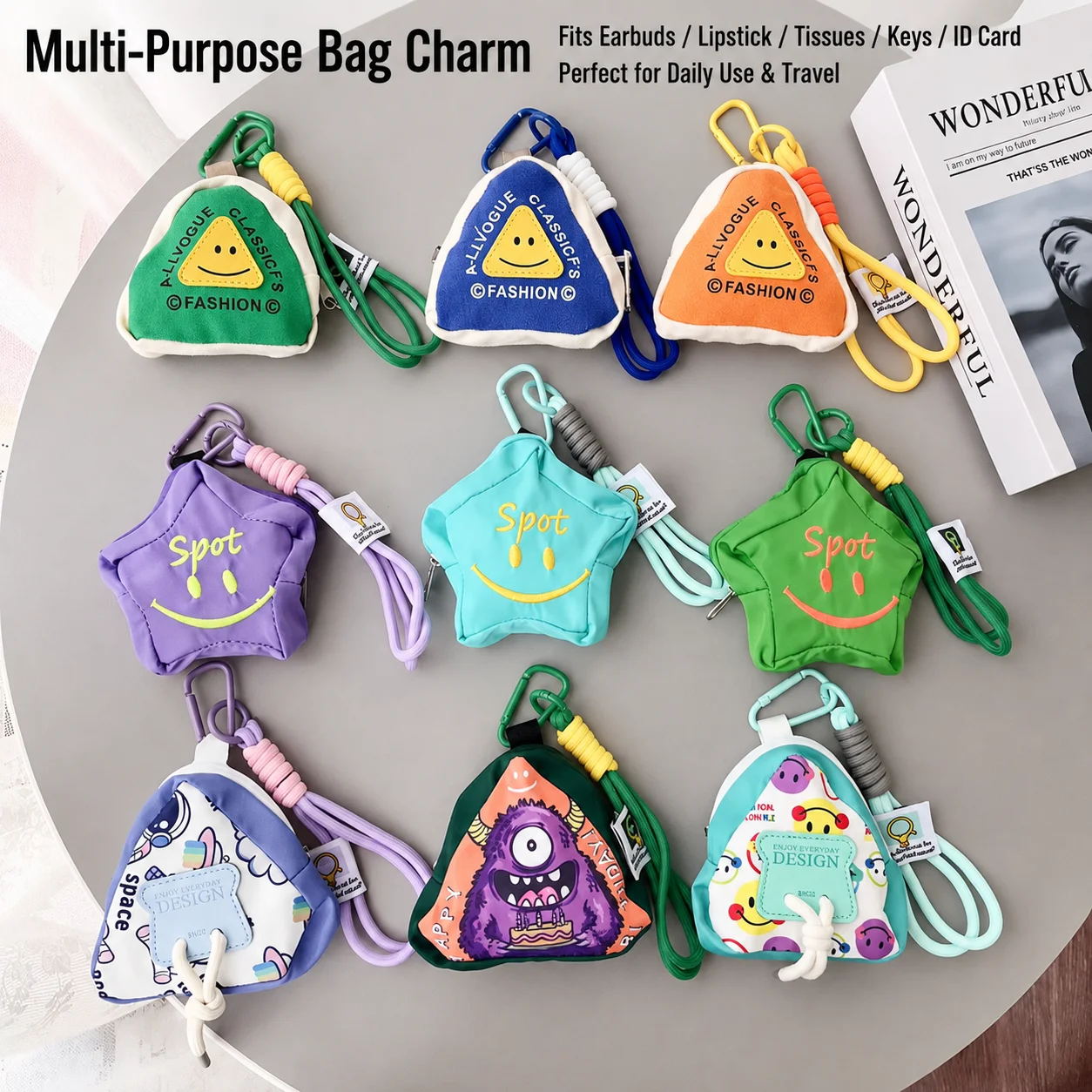 Cute Triangle Star Mini Storage Pouch Keychain with Carabiner, Portable Earbud Coin Bag Backpack Charm for Students