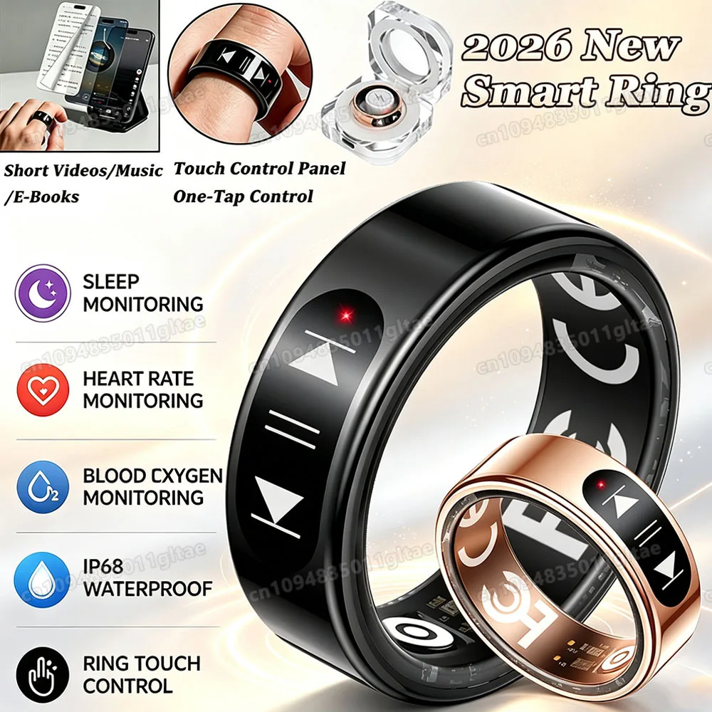 Smart Ring Video Controls,Sswipe up/down to turn pages,Music controls,Heart Rate Blood Oxygen Monitor,5ATM Waterproof Rings 2026